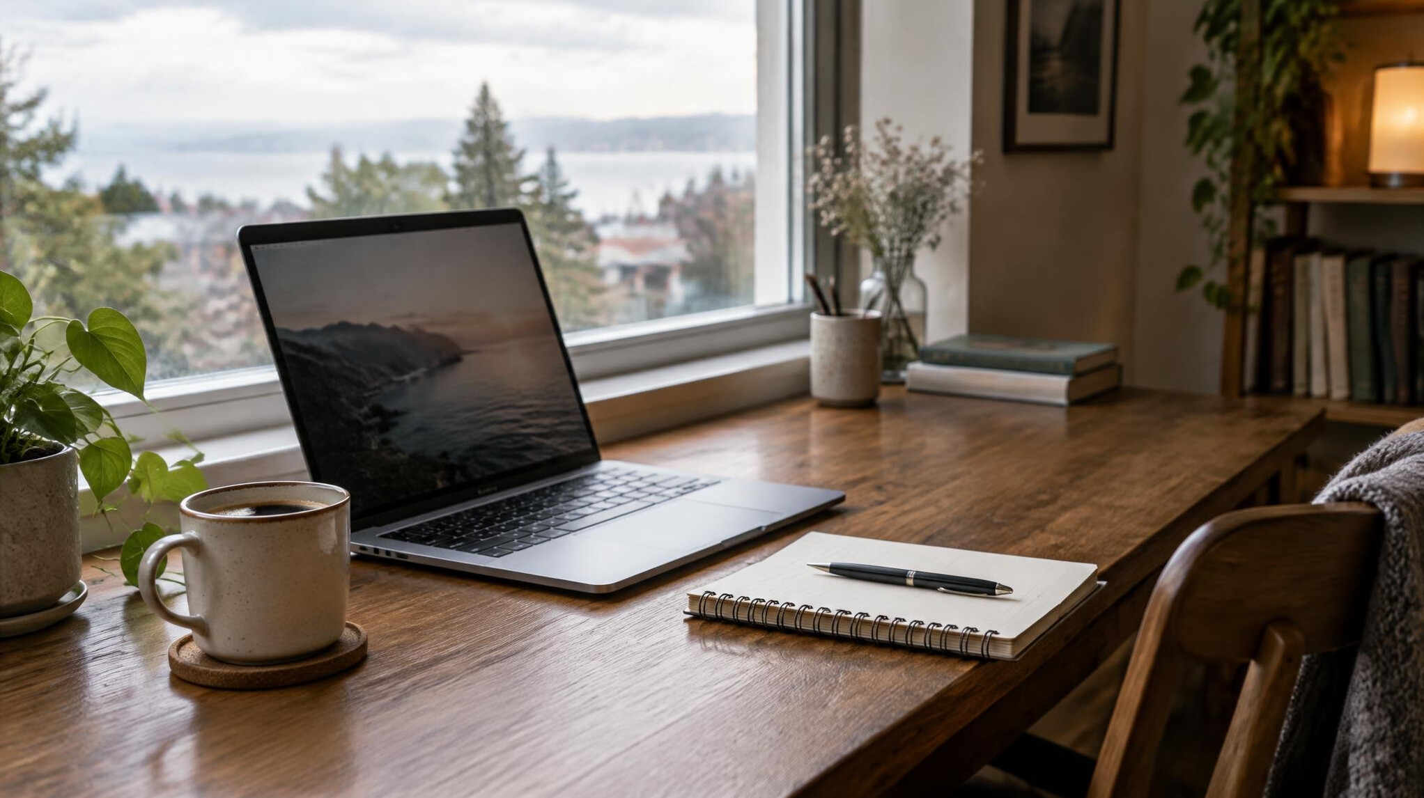 Writer working on a laptop at a cozy desk