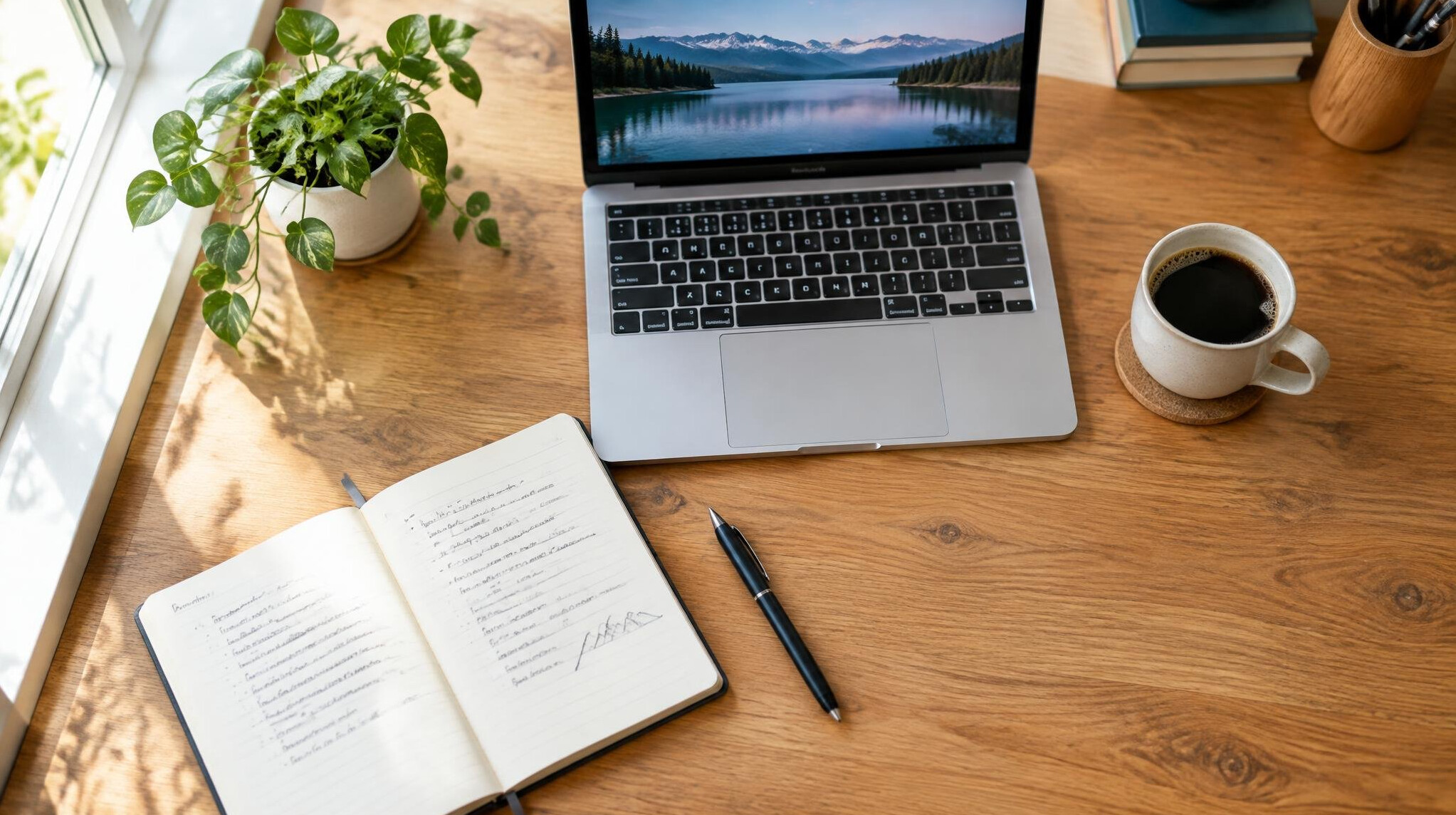 Detective writing notes at a desk with laptop and notebook