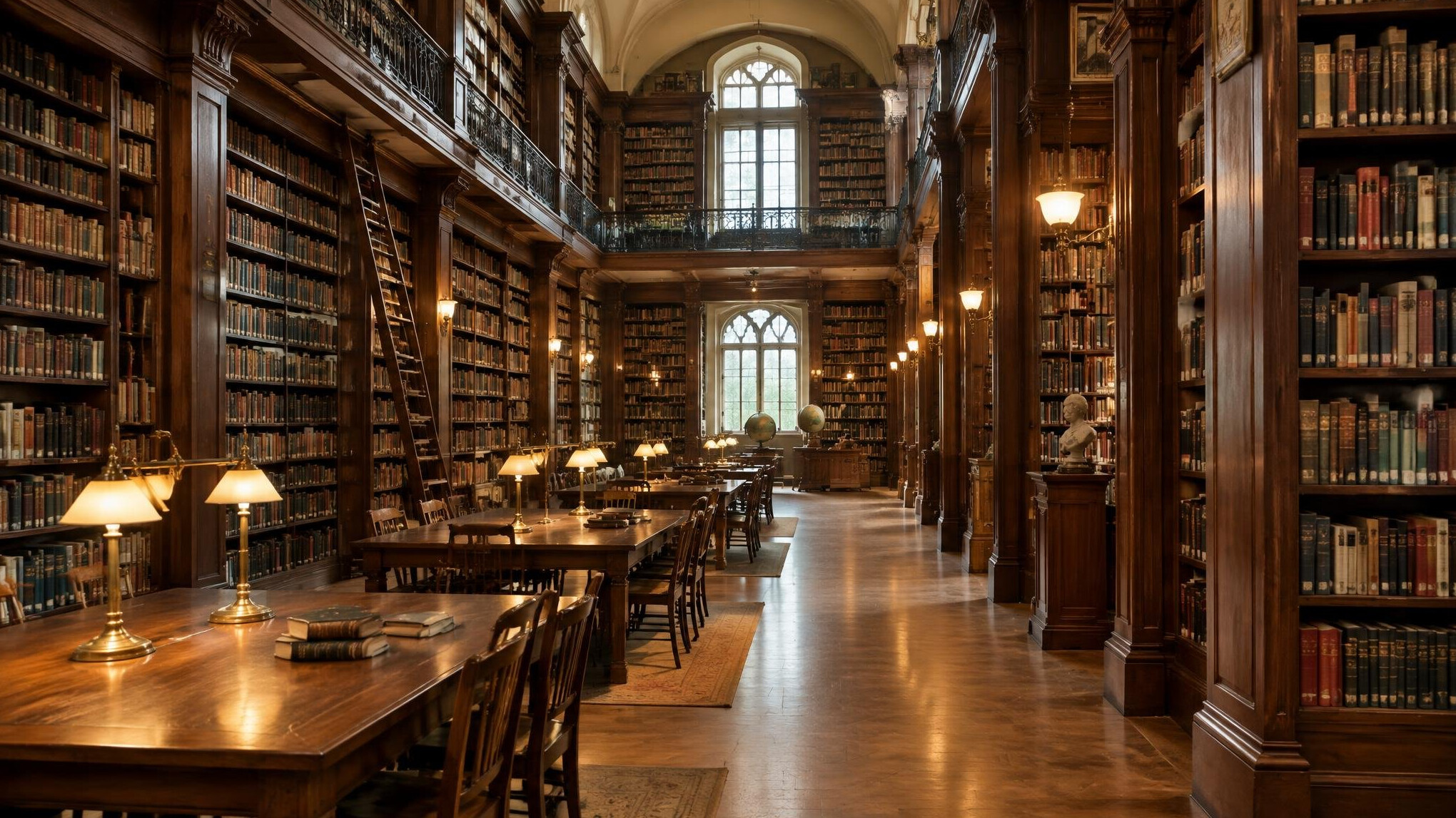 Old library with tall bookshelves