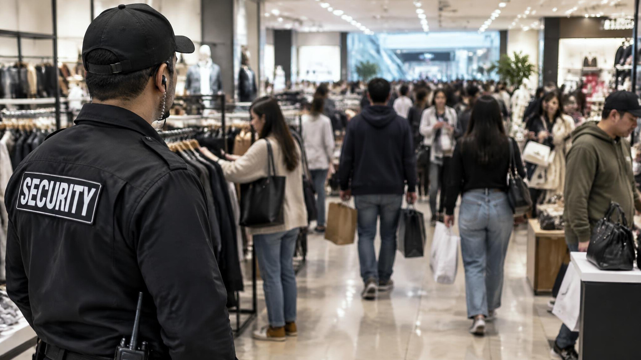 store detective observing crowd in busy shop
